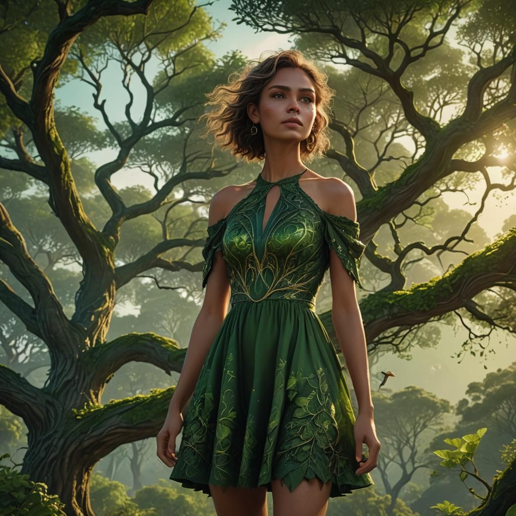 Woman in Green Dress at Sunset: Fantasy Concept Art
