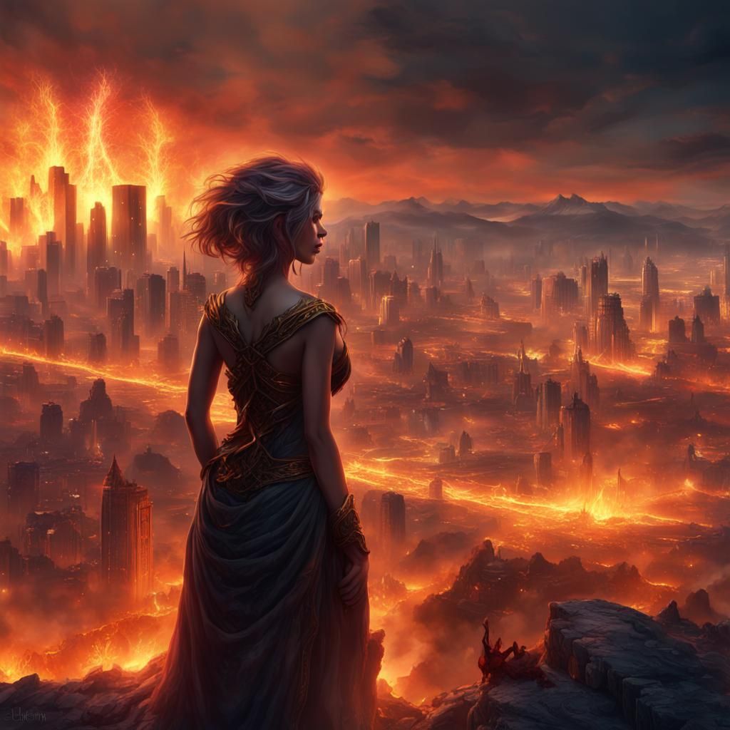 Fire Goddess Watching Burning City in Dark Fantasy Art
