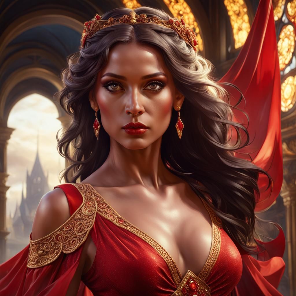 Brunette in Red Dress: Dark Fantasy Concept Art