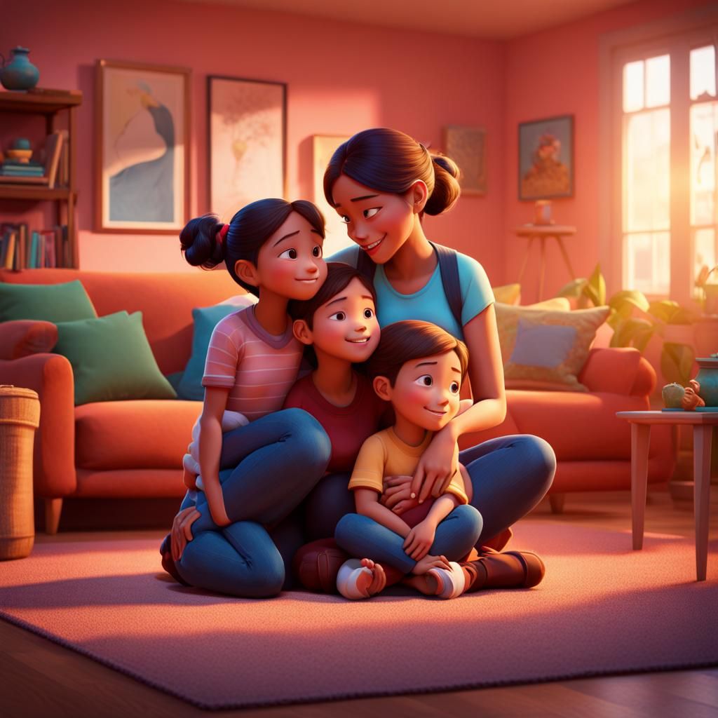 Heartwarming Mother and Children Embrace: 3D Digital Art