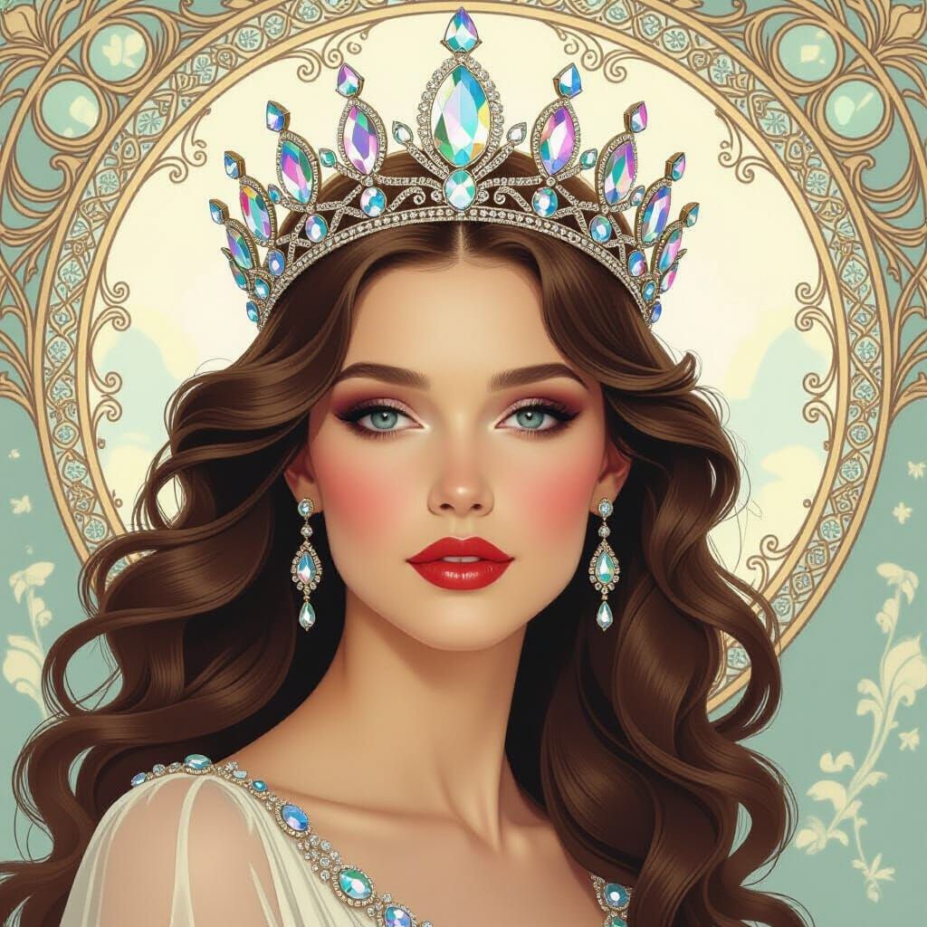 Regal Woman with Crystal Crown in Art Nouveau Style