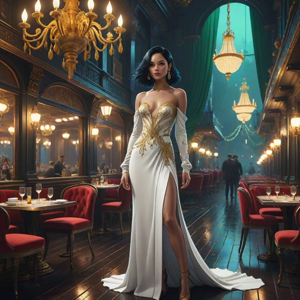 Elegant Woman Posed in Luxury Restaurant Setting