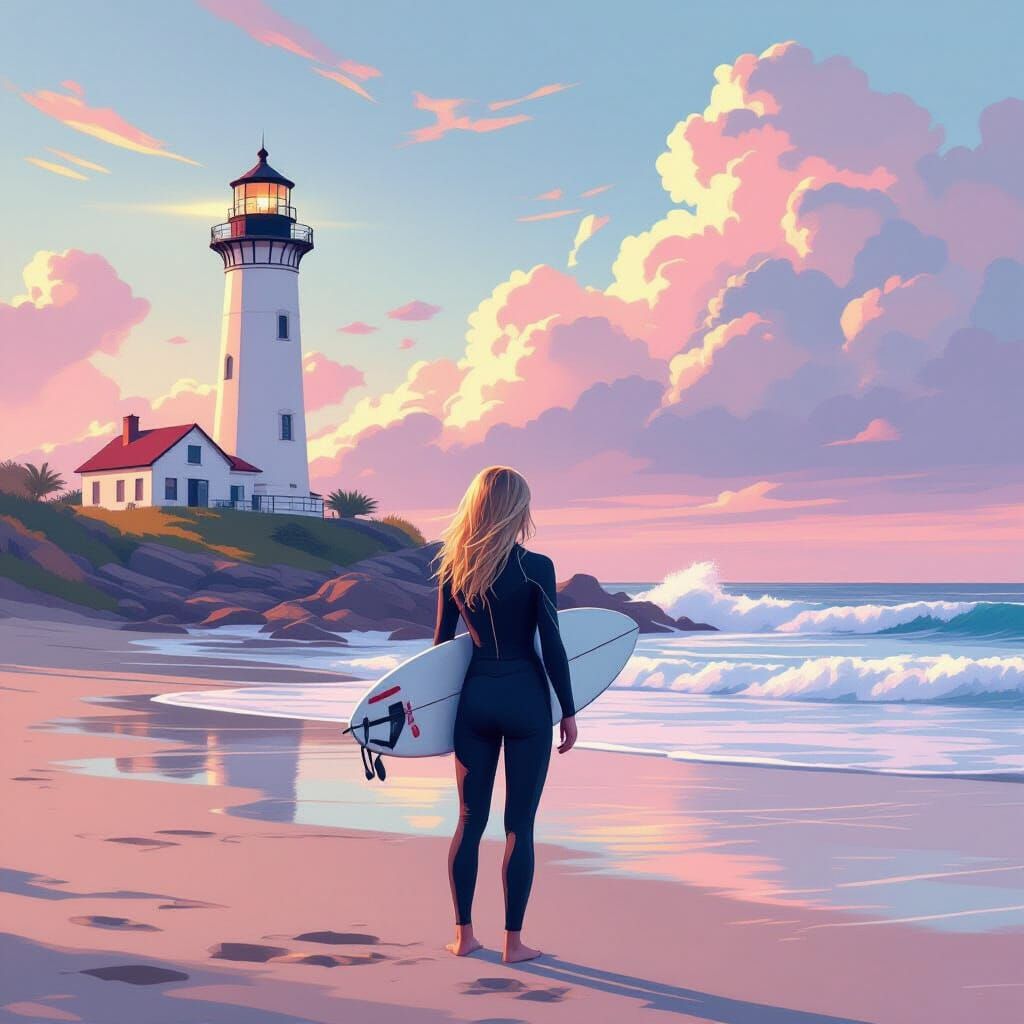 Surfer Girl on Beach with Lighthouse: Whimsical Pastel Scene