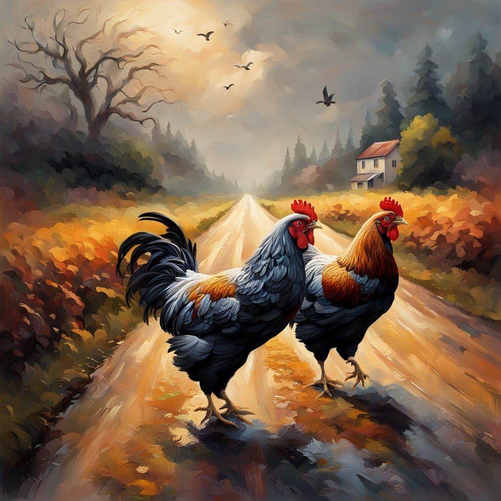 Impasto Chickens on a Scenic Country Road
