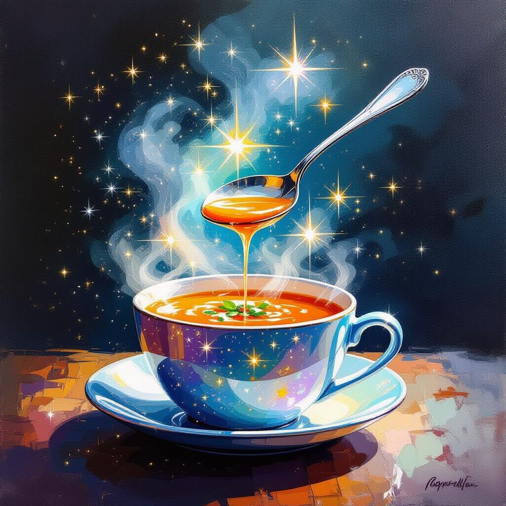 Sparkling Magic Soup Served by Floating Spoon in Gouache Sty...