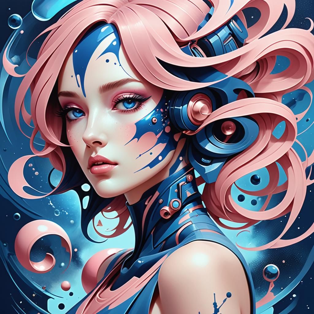 Futuristic Ink Girl Art in Pink and Blue