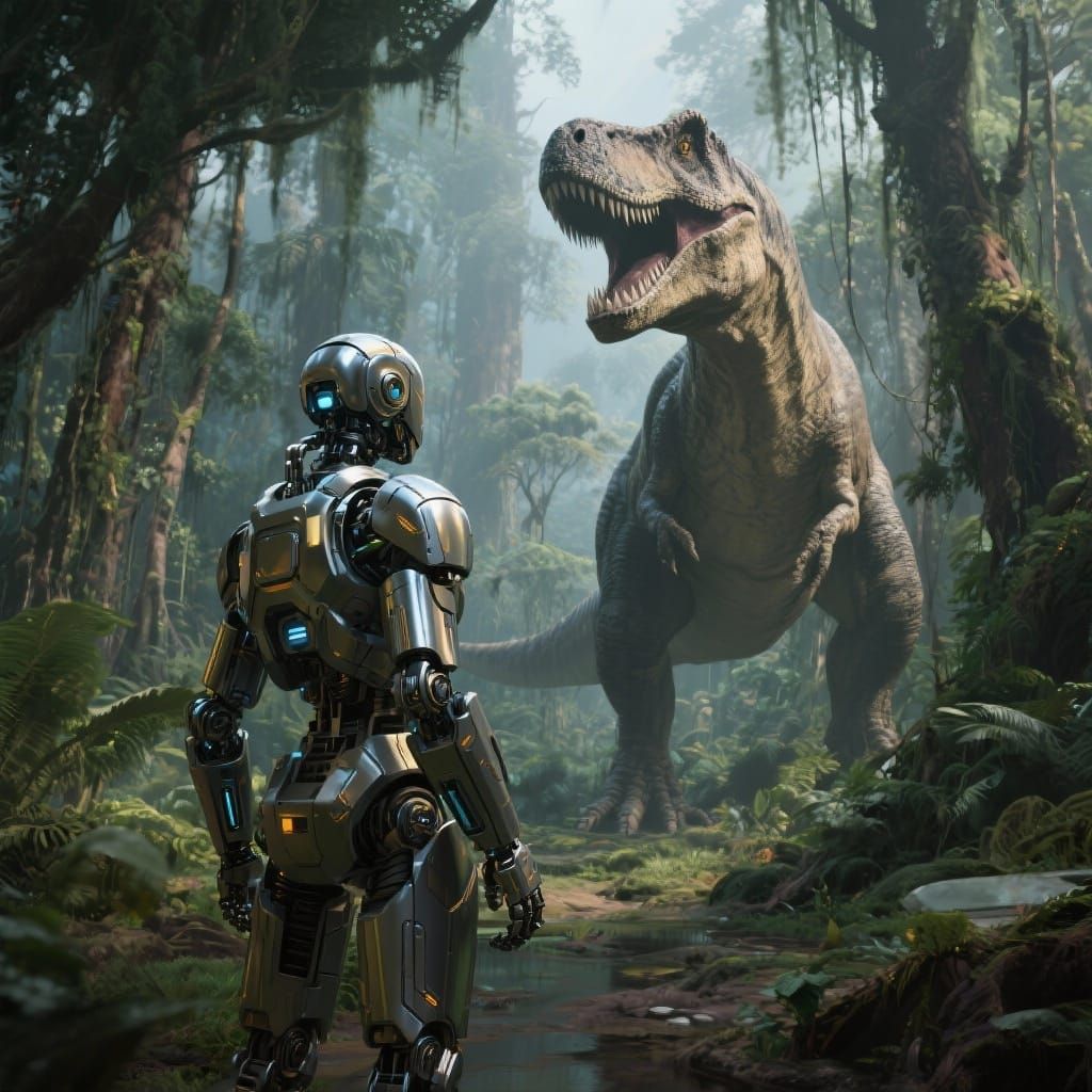 Robot Meets Dinosaur in Lush Prehistoric Forest