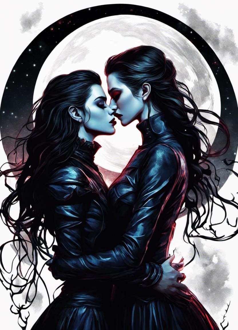 Lesbian Vampires Kissing in Space with Goth Gowns