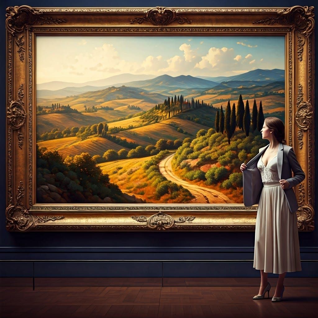 Woman Gazing at Tuscan Landscape Painting