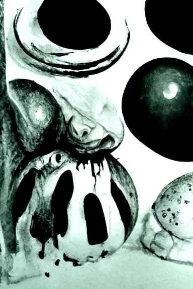 Horrific Egg-Covered Face in Detailed Ink Drawing