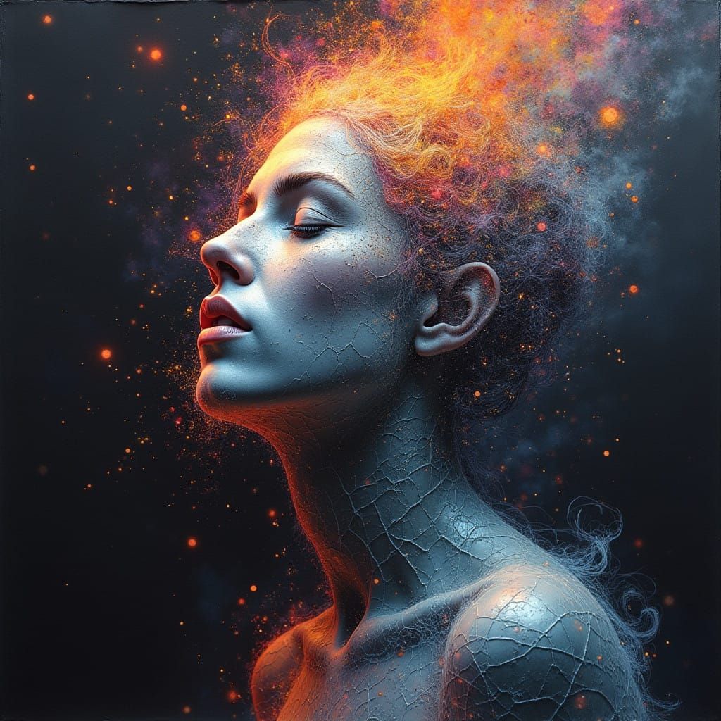 Hyperrealistic Astral Cosmic Art in Charcoal and Holographic...
