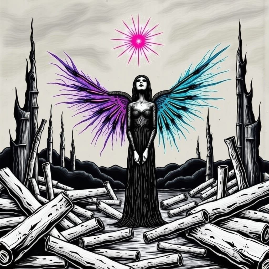 Surreal Angel Weeps in Shattered Ruins, Couture Tattered, He...