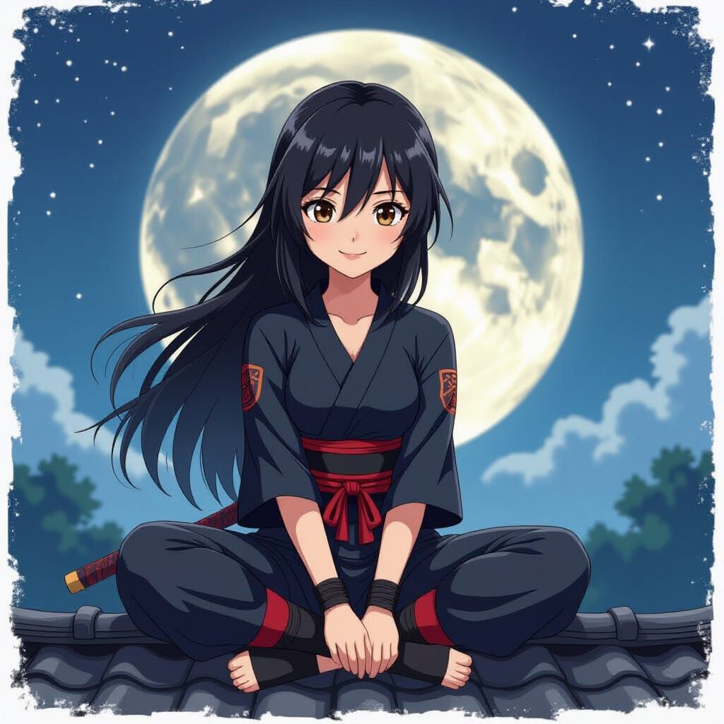 Ninja on Rooftop Under Full Moon