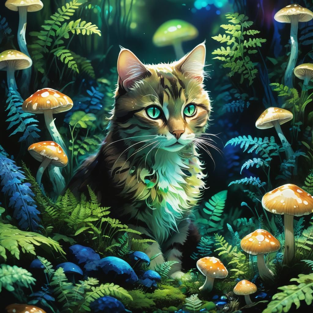 Bioluminescent Mushroom Cat in Fantasy Forest