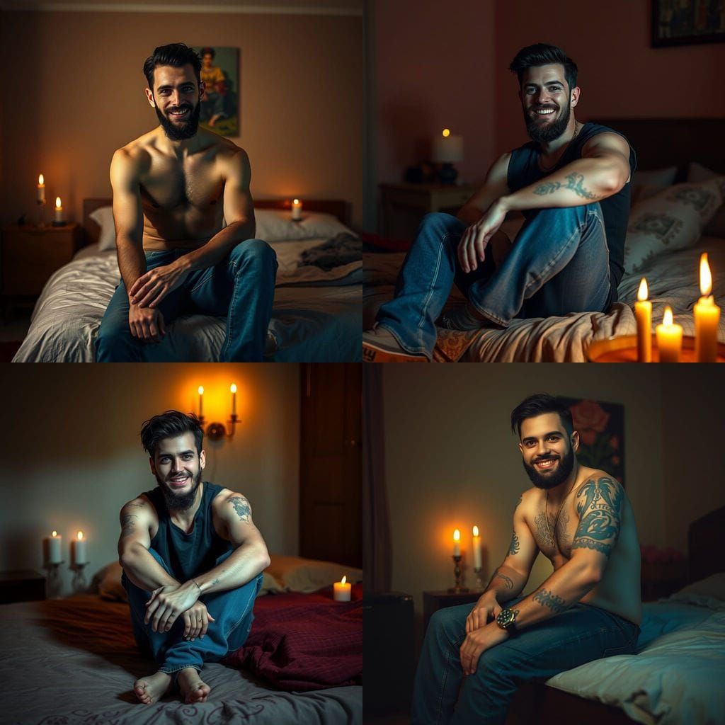 A slender cyberpunk man with dark brown hair, a full stubble beard, and kind hazel eyes sits on the edge of a bed in a d...