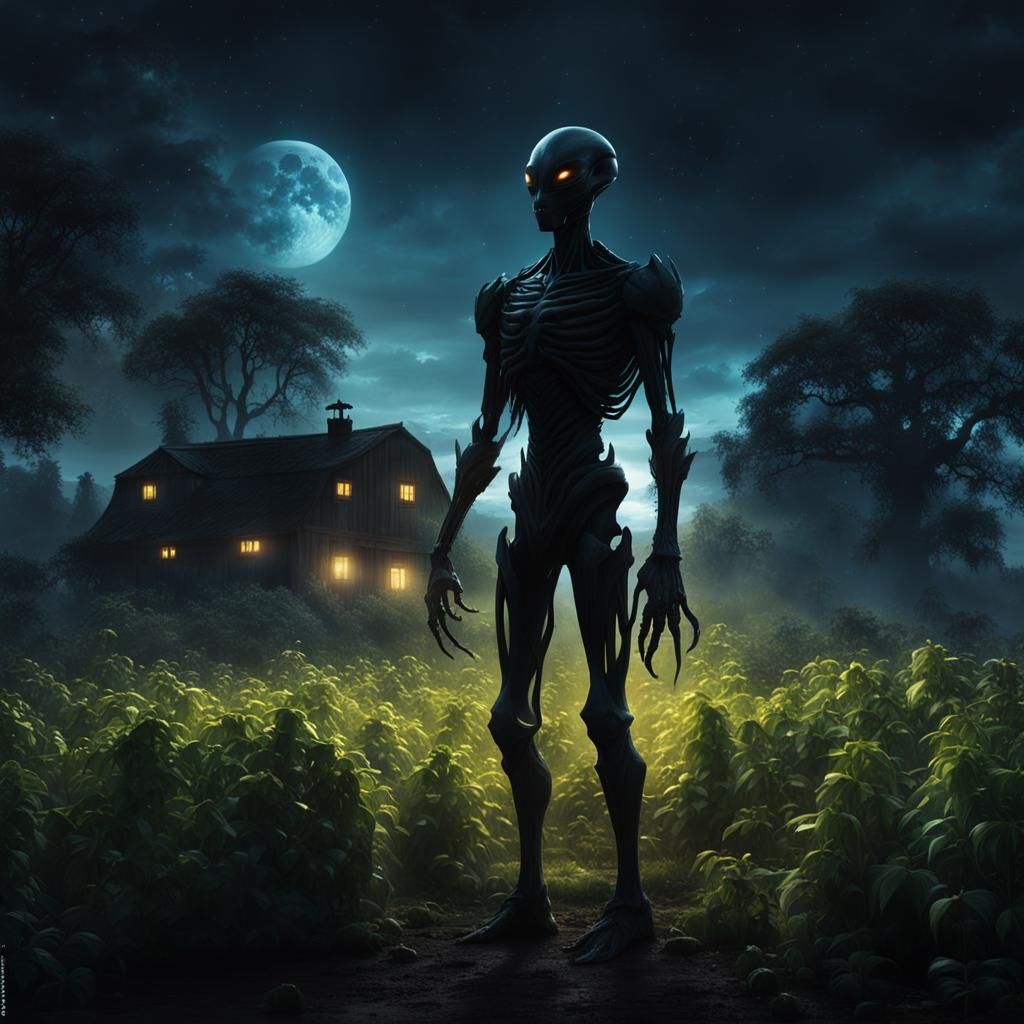 Dark Alien Silhouette in Farm Garden at Night