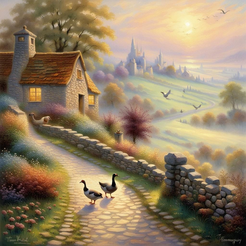 Sausage and Goose Stroll in Ethereal Landscape