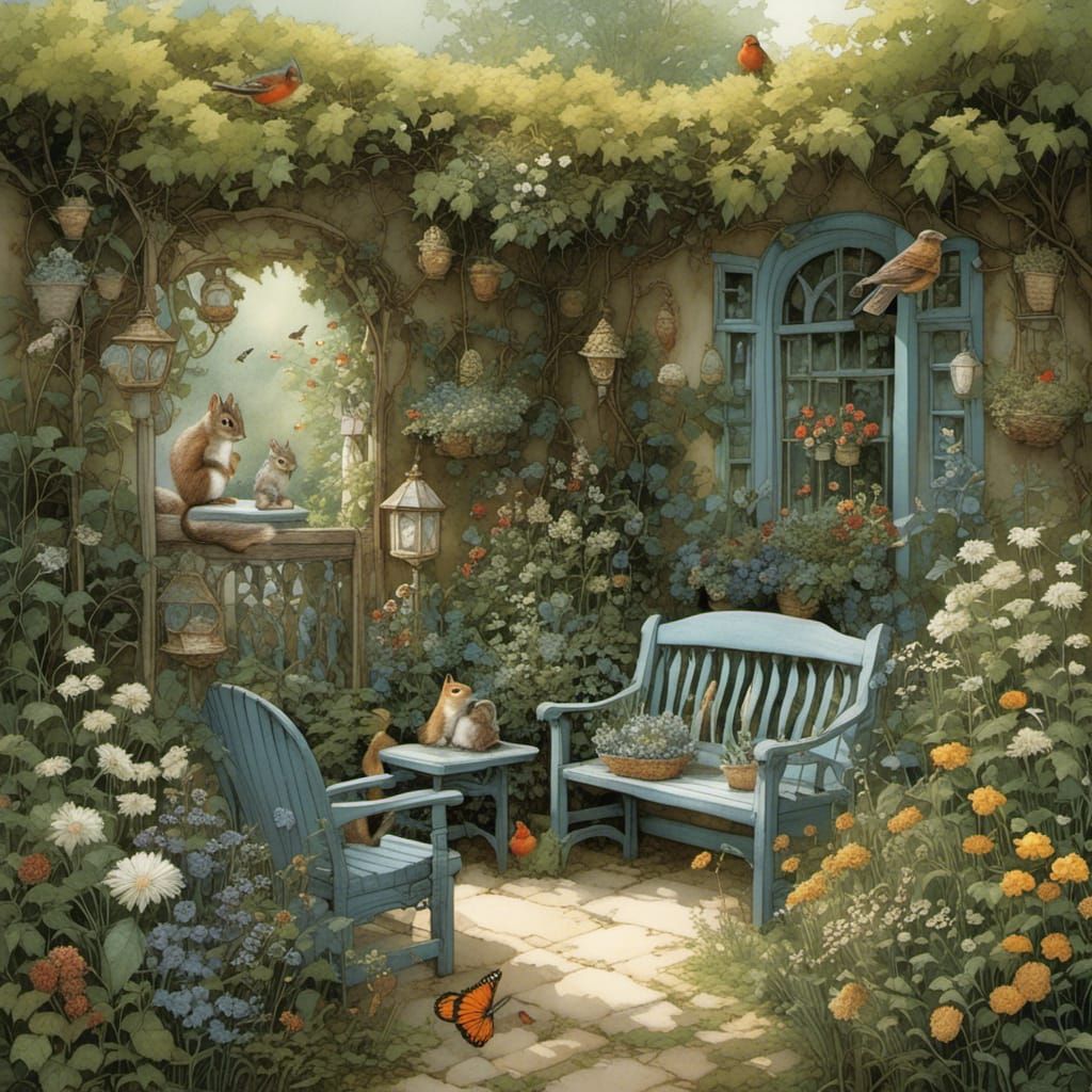 Whimsical Garden Oasis in Vibrant Floral Style