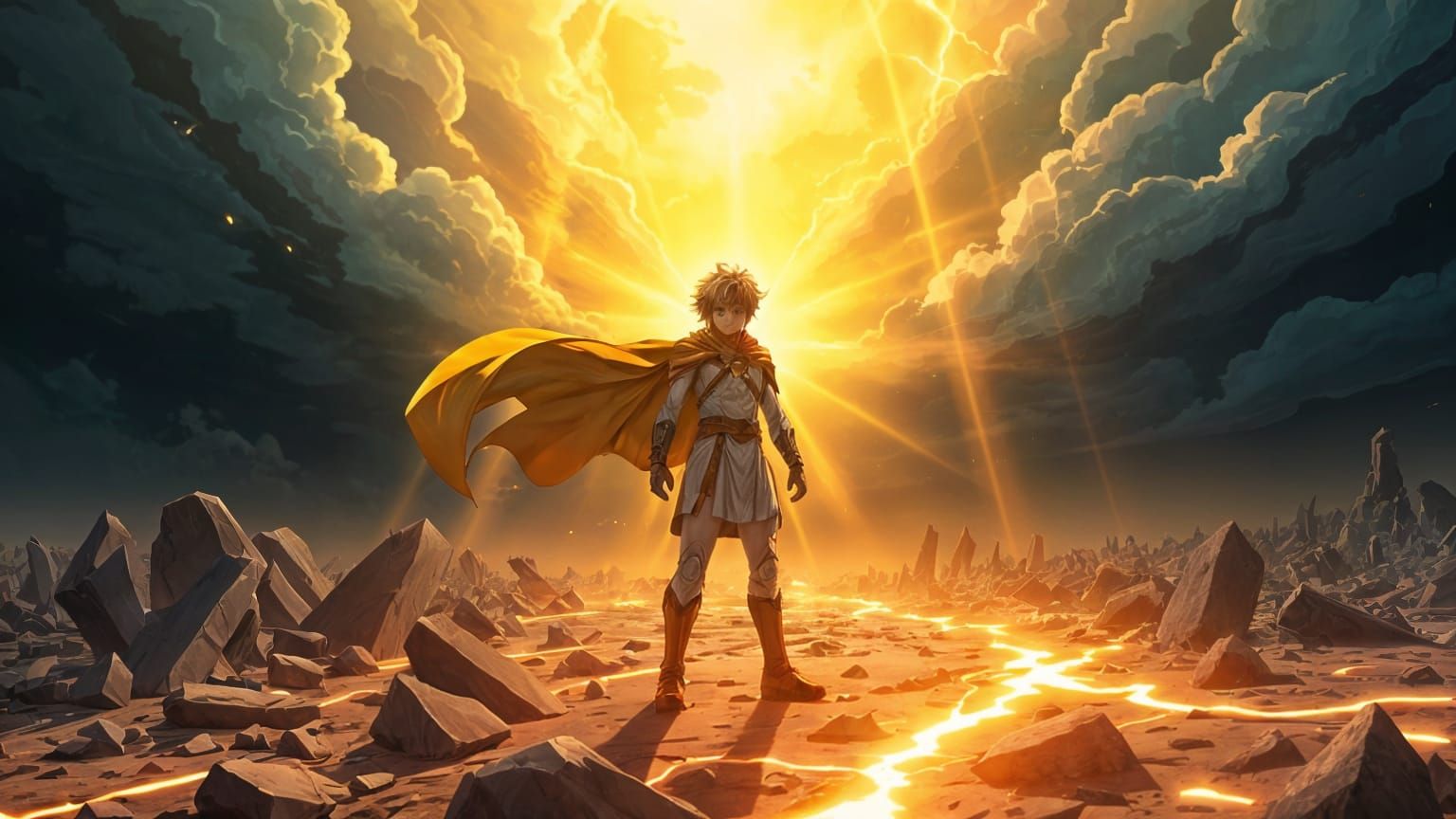 Anime Hero Radiates Golden Energy on Shattered Battlefield