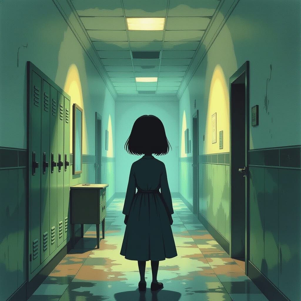 The Teacher in Warped Hallway, Watercolor Painting