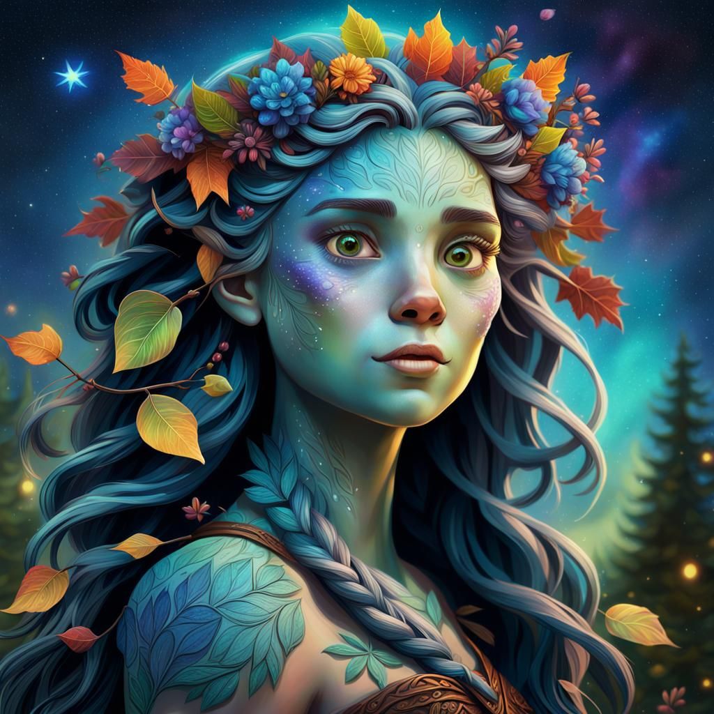 Pixar Dryad with Viking Hair and Starry Night