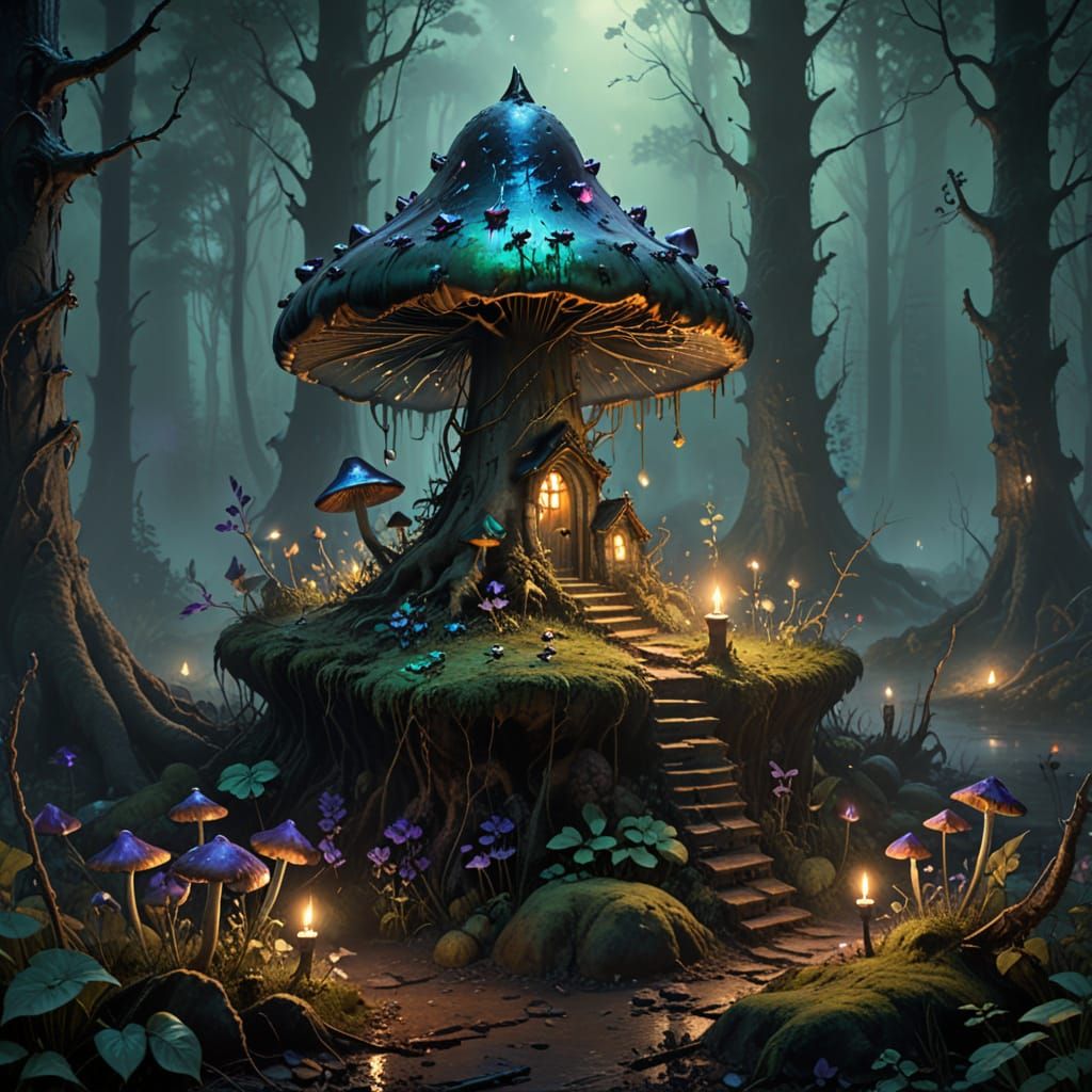 Fairy on Mushroom House in Gothic Oil Painting