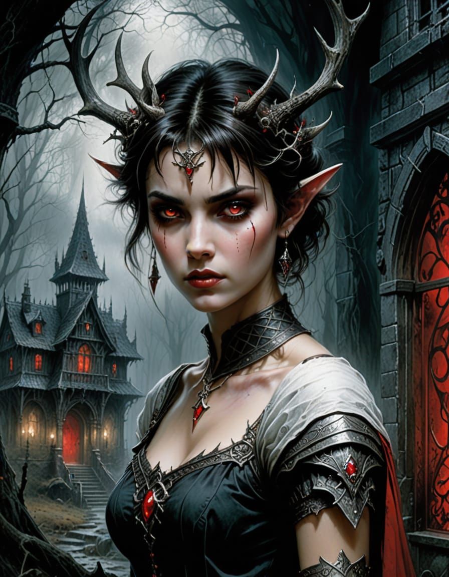Frightened Elf Maiden in Haunted House, Luis Royo Style