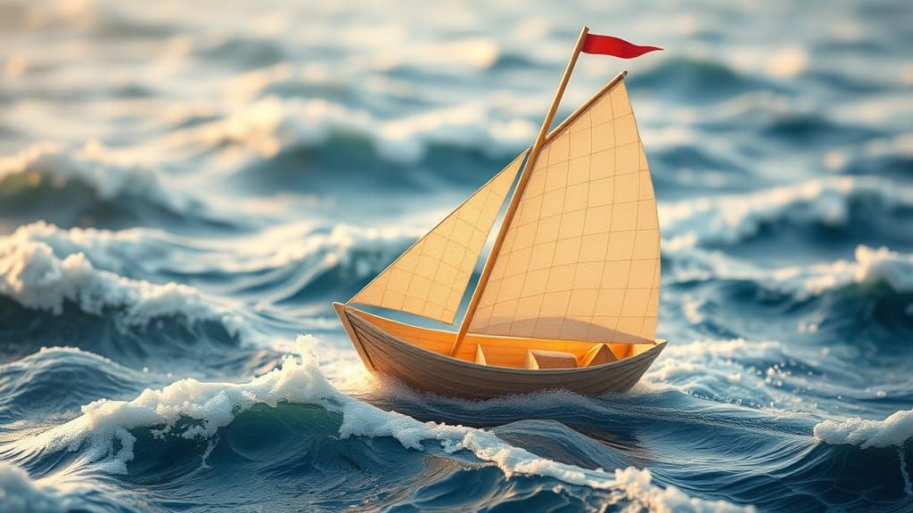 Origami Sailboat on High Seas in Watercolor Style