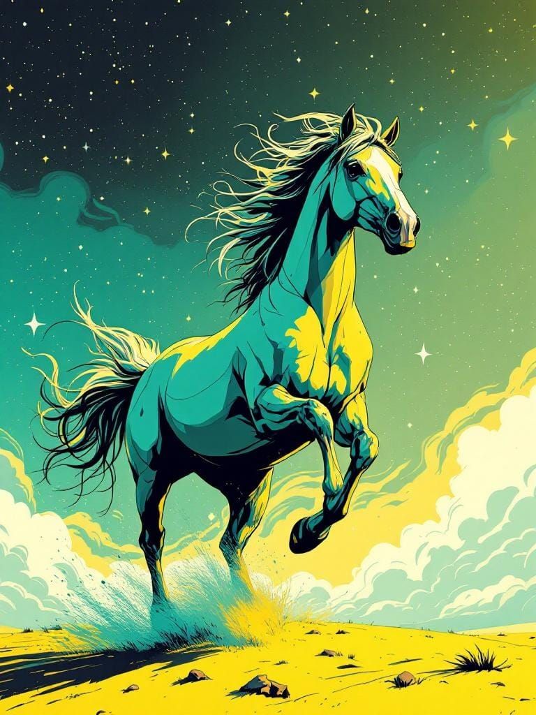 Horse Running Free Under Starry Sky in Comic Book Style
