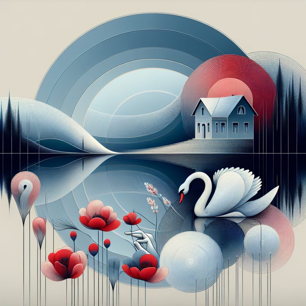 Ethereal Zen Landscape with Swan and Poppies in Soft Beige H...