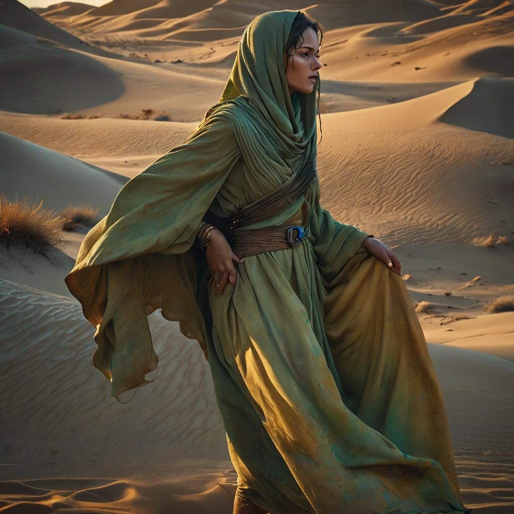 Woman Searches for Water in Desert Sand Dunes