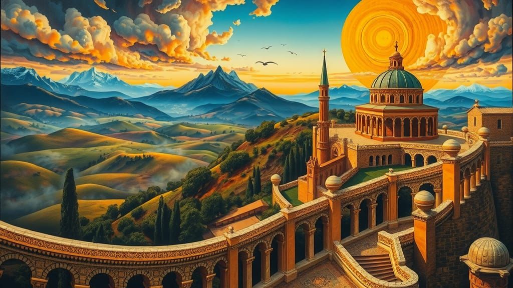 Surreal Dreamscape Oil Painting with Ancient Architecture