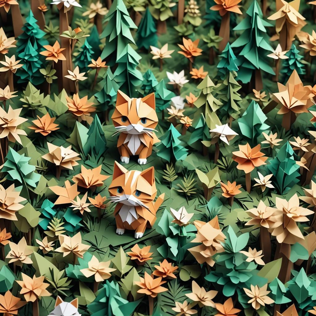 Origami Cat in Forest Papercraft Style