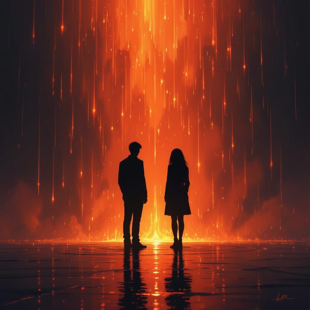 Figures Unscathed by Fiery Rain in Digital Painting