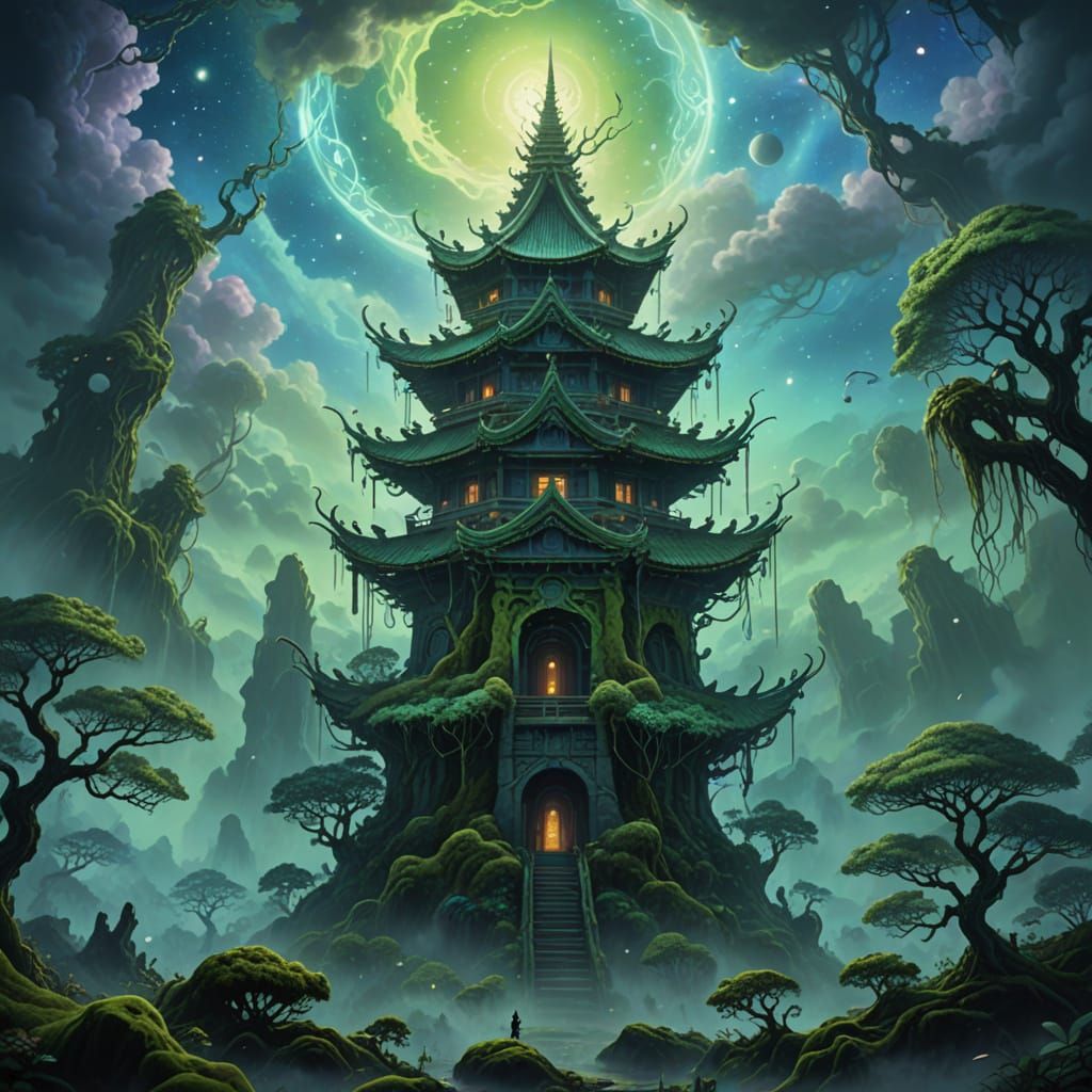 Surreal Asian Tower Ascends to Cosmic Skies