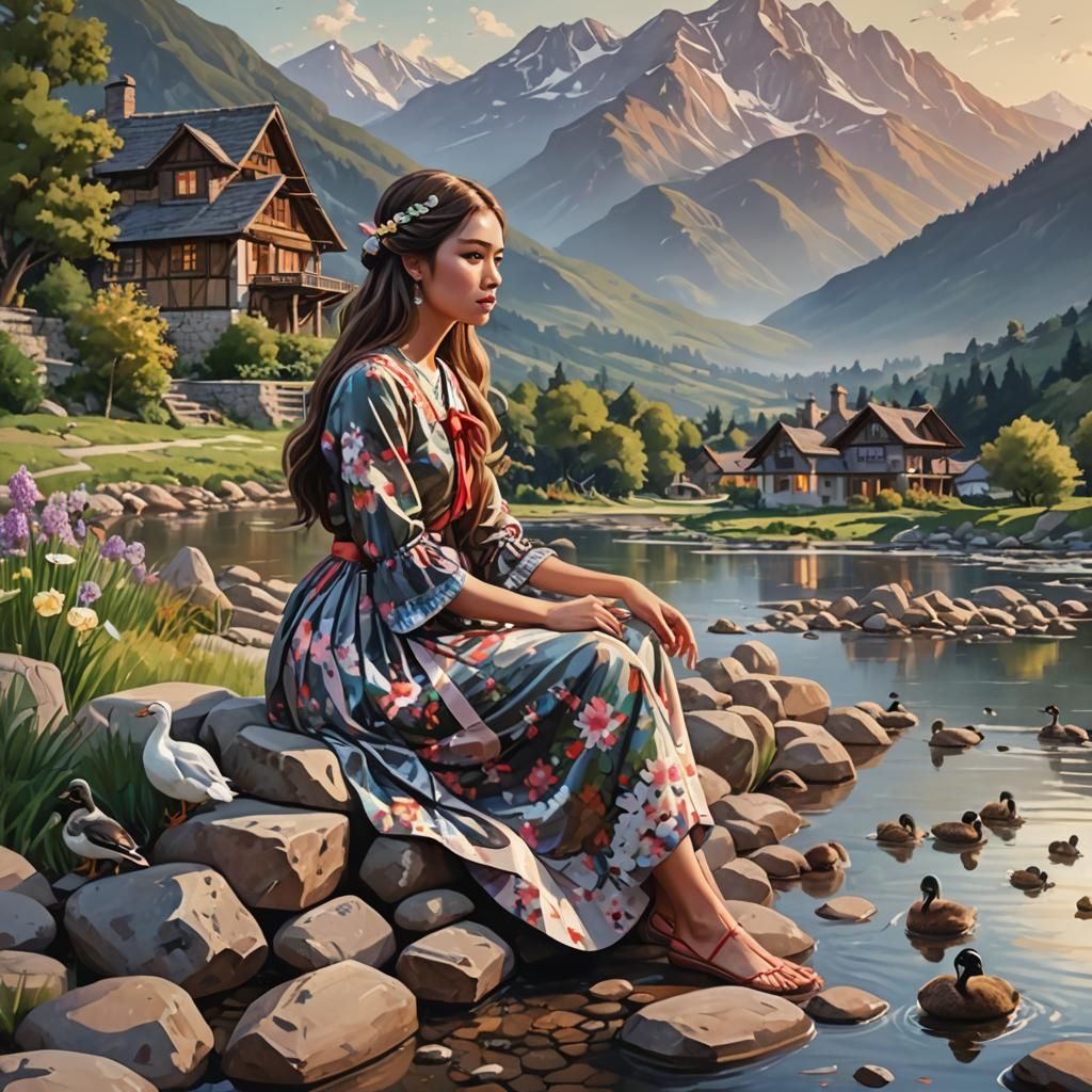 Girl in Floral Dress by River: Hyperrealistic Art