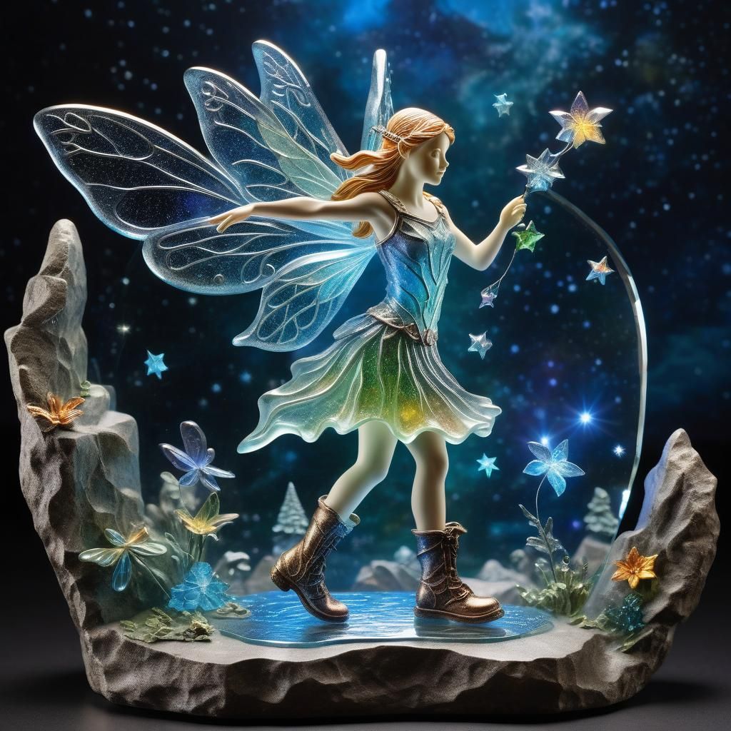 Glass Fairy Sculpture with Cosmic Background in High Relief