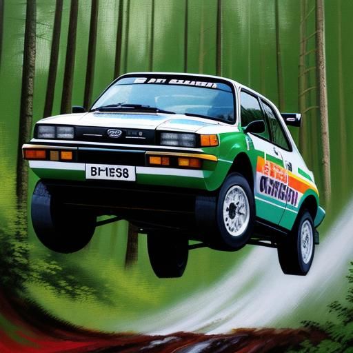 Datsun Rally Car Jumps in Finnish Forest as Oil Painting