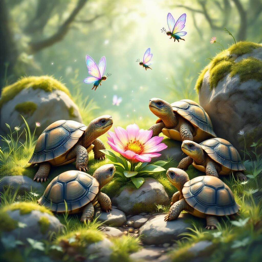 Whimsical Tortoises and Fairies in a Magical Garden