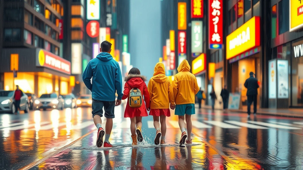 Family's Rainy Walk in a Ghibli-esque Cityscape