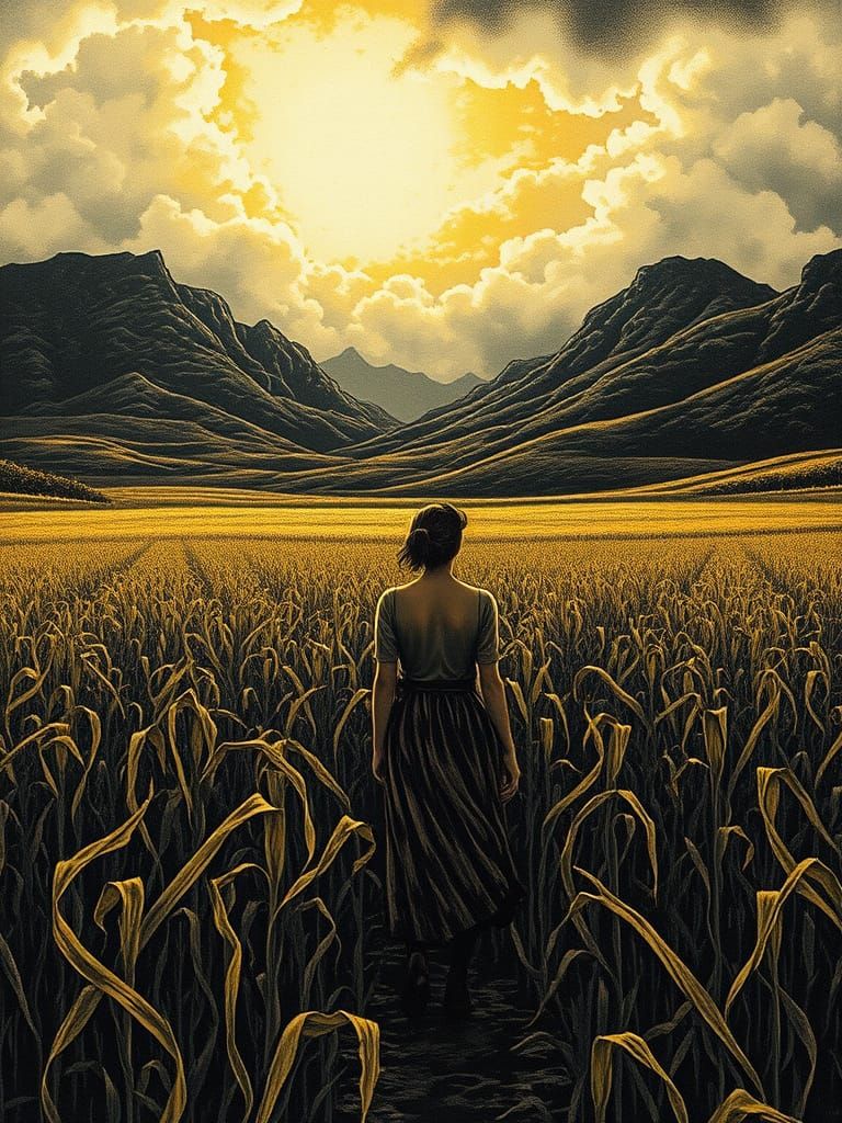 Contemplative Figure in Sunlit Cornfield with Stormy Uplands