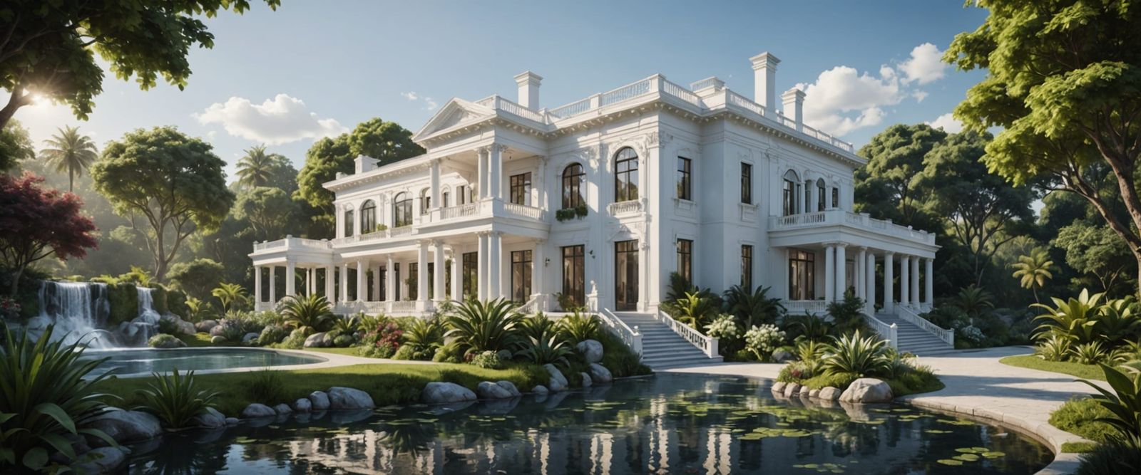 Luxurious White Mansion with Prismatic Water Features