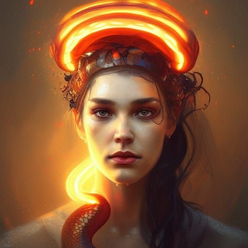 Medusa Portrait with Snakes in Fiery Sky