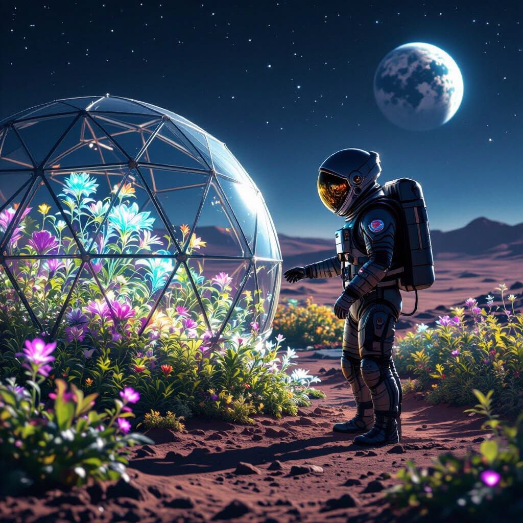 Bioluminescent Martian Garden in Geodesic Dome