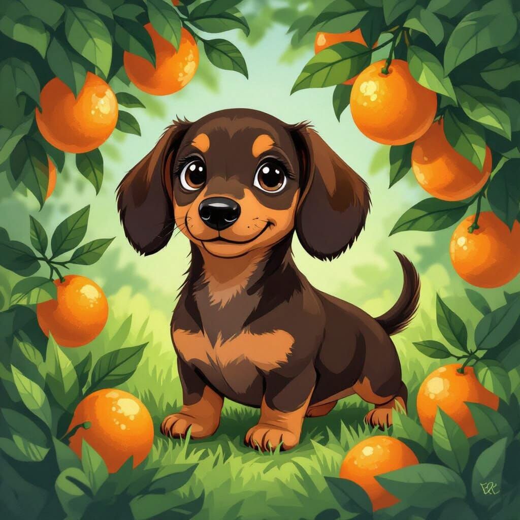 Cartoon Dachshund Puppy with Oranges, Miyazaki Style