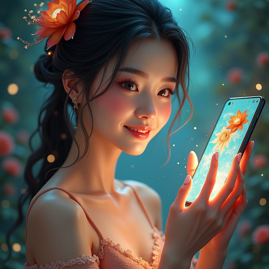 Excited Woman Shows Phone Screen in Hyperrealistic Detail