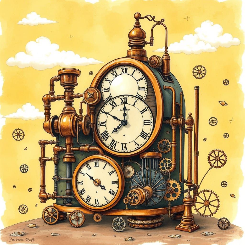 Steampunk Time Machine in a Whimsical Folk-Art Style