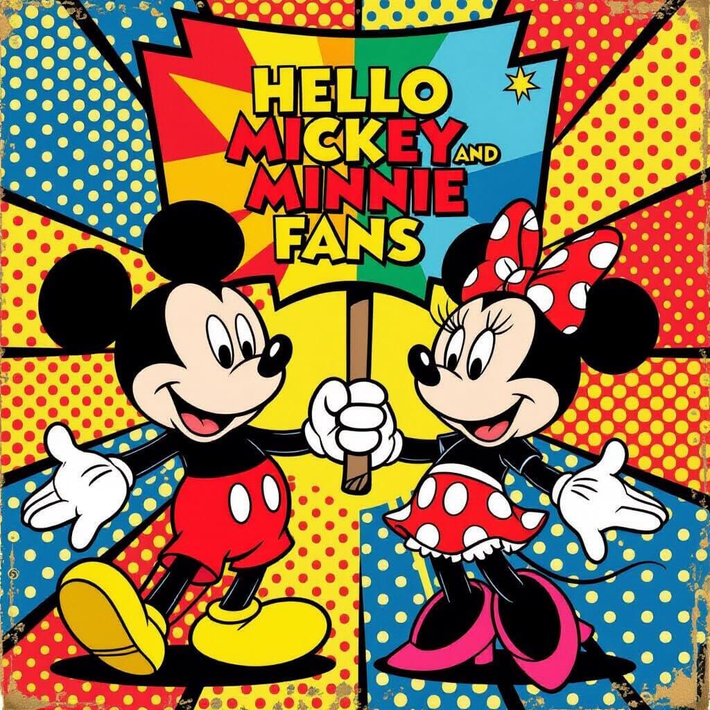 Mickey & Minnie as Pop Art Comic Duo Holding 'Hello Fans' Si...