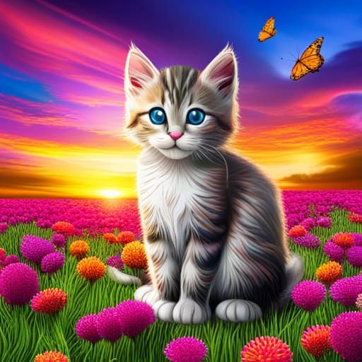 Cartoon Kitten in Grassy Meadow at Sunset