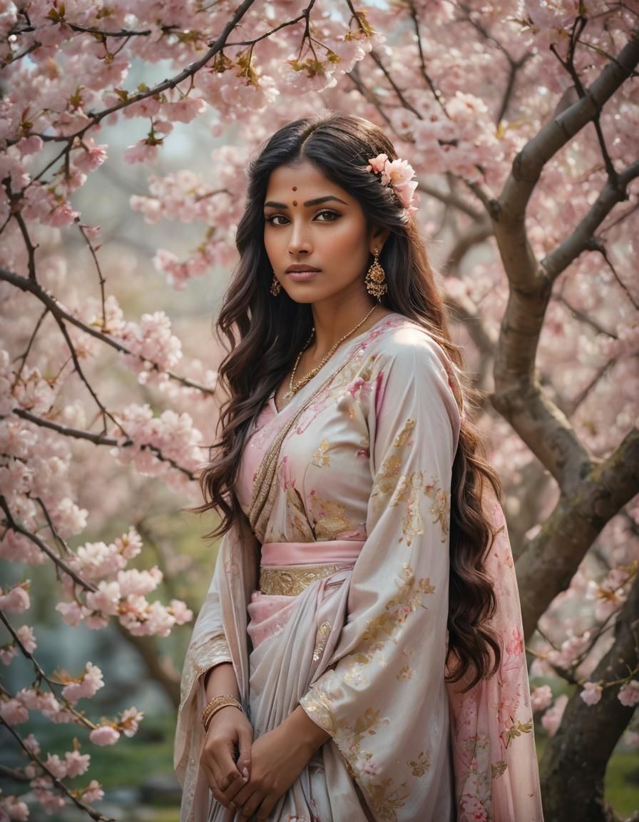 Beautiful Indian Woman Portrait with Cherry Blossoms